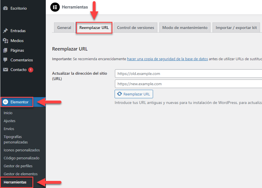 El cambio de URL interrumpe el funcionamiento de Elementor 1